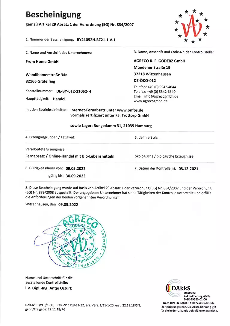 Eko-Certifikat från From Home GmbH för distansförsäljning/onlinehandel med ekologiska livsmedel, utfärdat av kontrollorganet AGRECO R.F. GÖDERZ GmbH (DE-ÖKO-012).